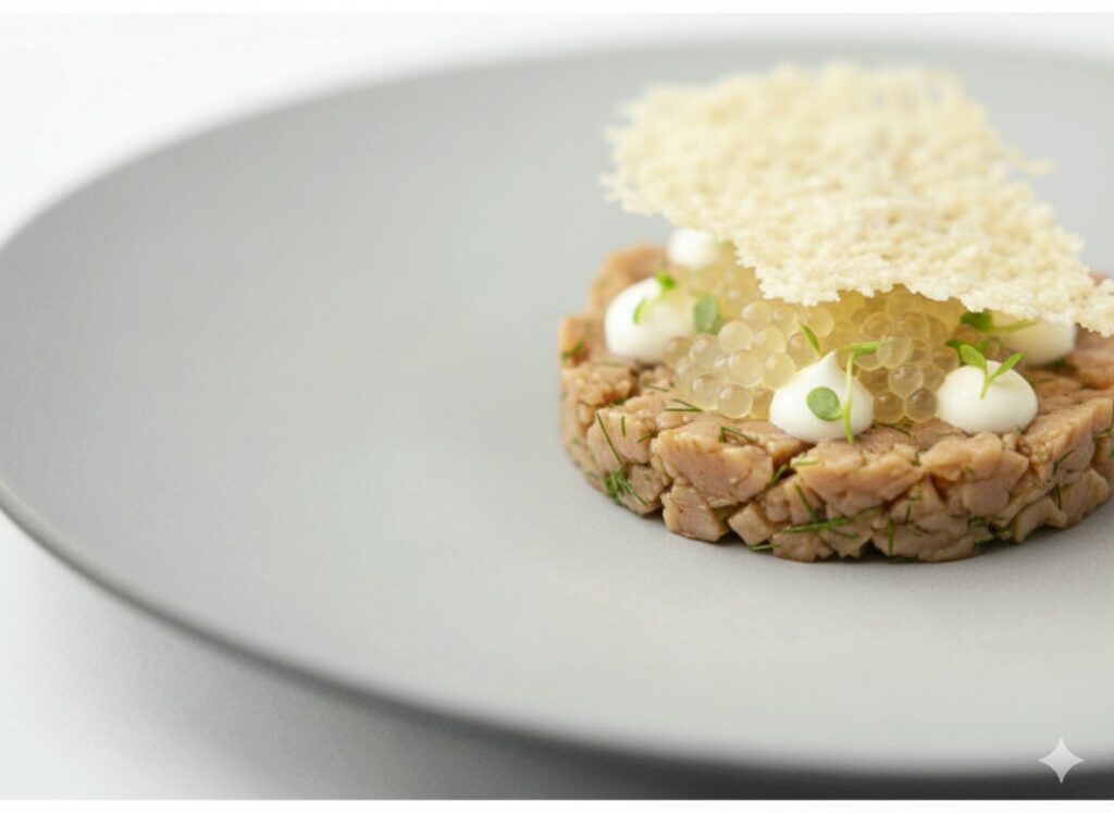 Tartare d'esturgeon fumé, perles yuzu