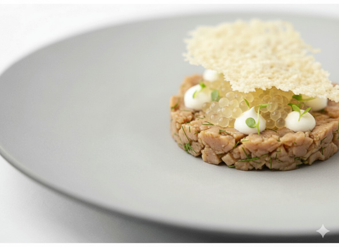 Tartare d'esturgeon fumé, perles yuzu